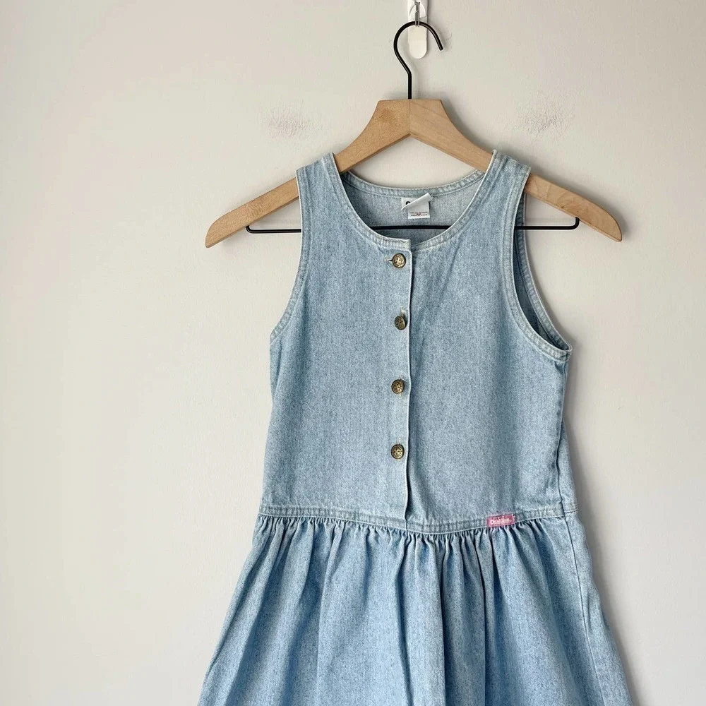 Vintage OshKosh Girl's Denim Button Front Sleeveless Dress Size 6x